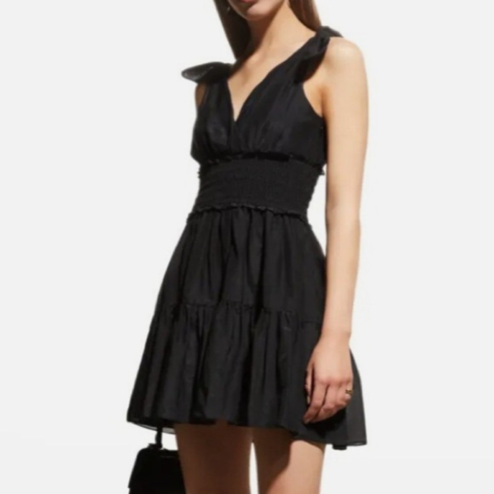 Cinq a Sept “Tamar” poplin tiered mini dress, self tie at shoulder. Size 2 black